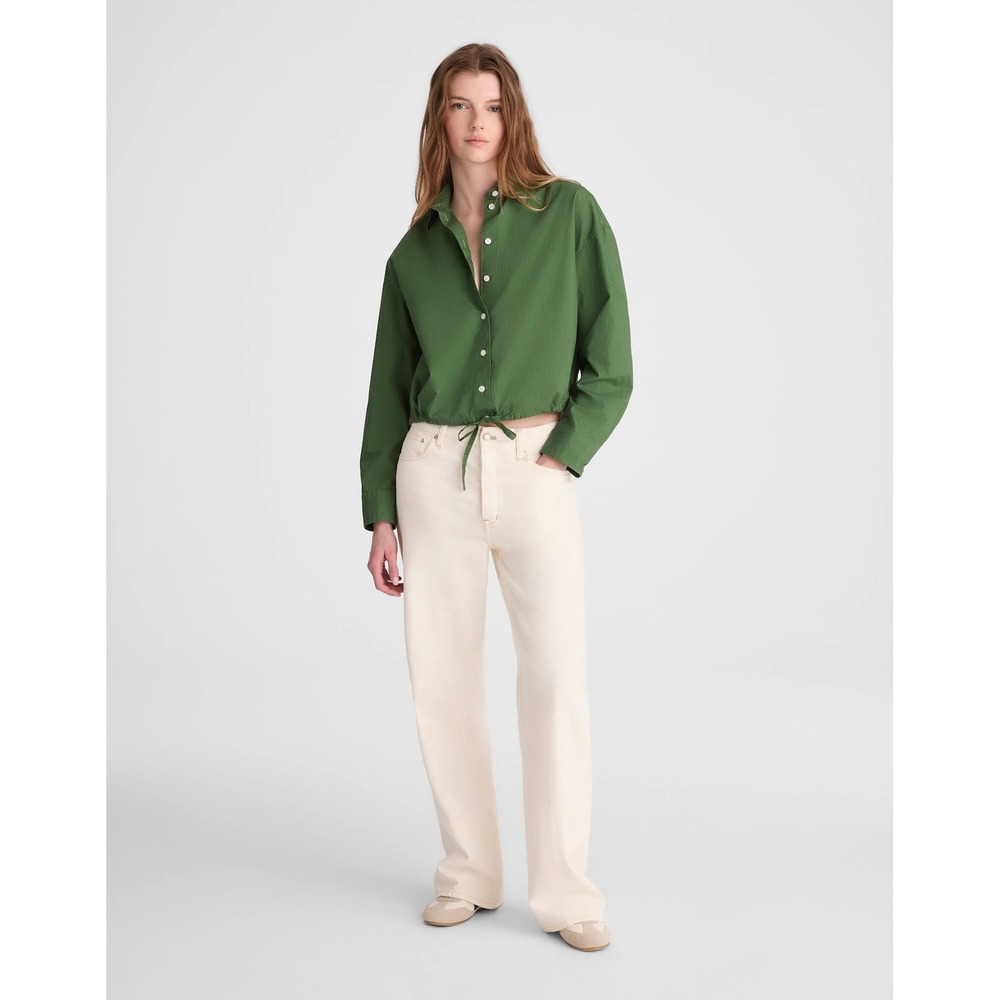 Madewell Drawstring-Hem Cropped Shirt XL Garden Green Button Front Poplin NZ452 - Picture 3 of 10